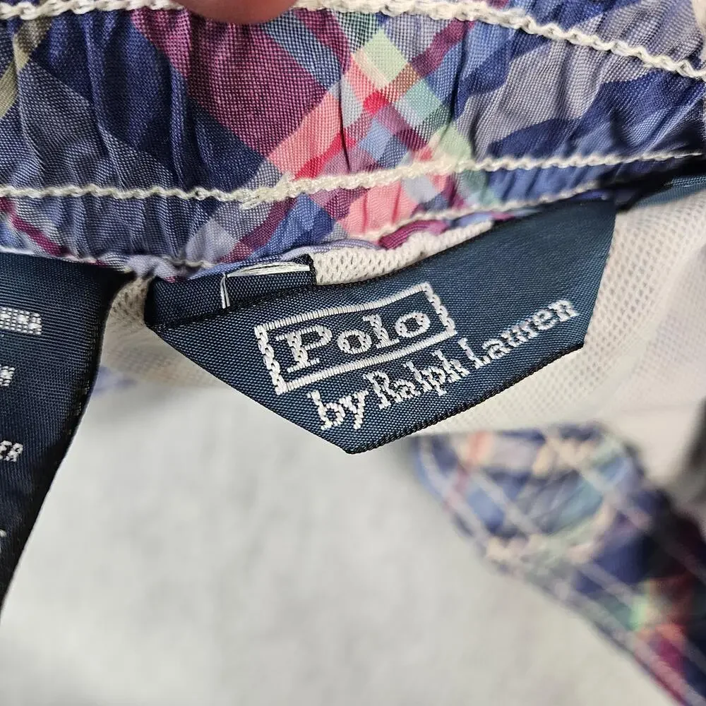 Polo Ralph Lauren Swim Shorts Mens L Blue Plaid Lined Drawstring Back Pocket